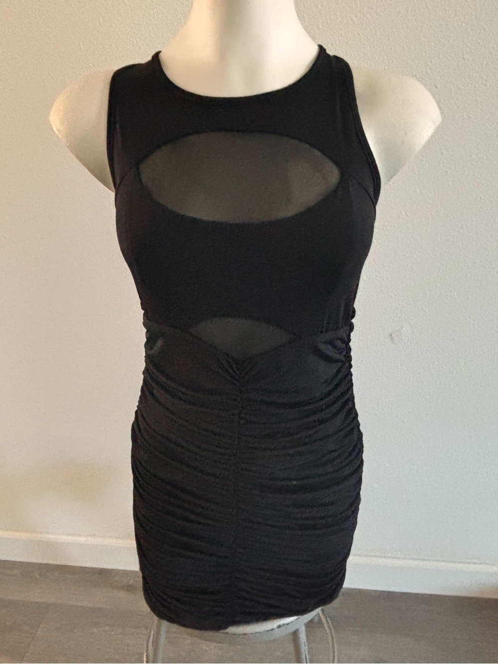 New Black Ruched Mesh Bodycon Dress